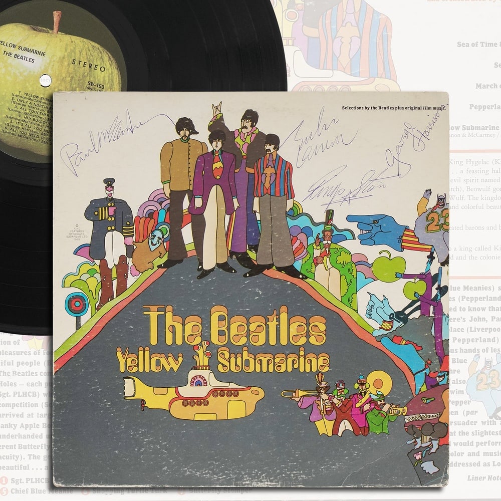 THE BEATLES FULLY SIGNED "YELLOW SUBMARINE" LP: 12 3/8 x 12 3/8 in (31.5 x 31.5 cm) Provenance and Authentication: According to the Letter of Authenticity (LOA) and Certificate of Authenticity (COA) provided by the consignor, this collectible was s