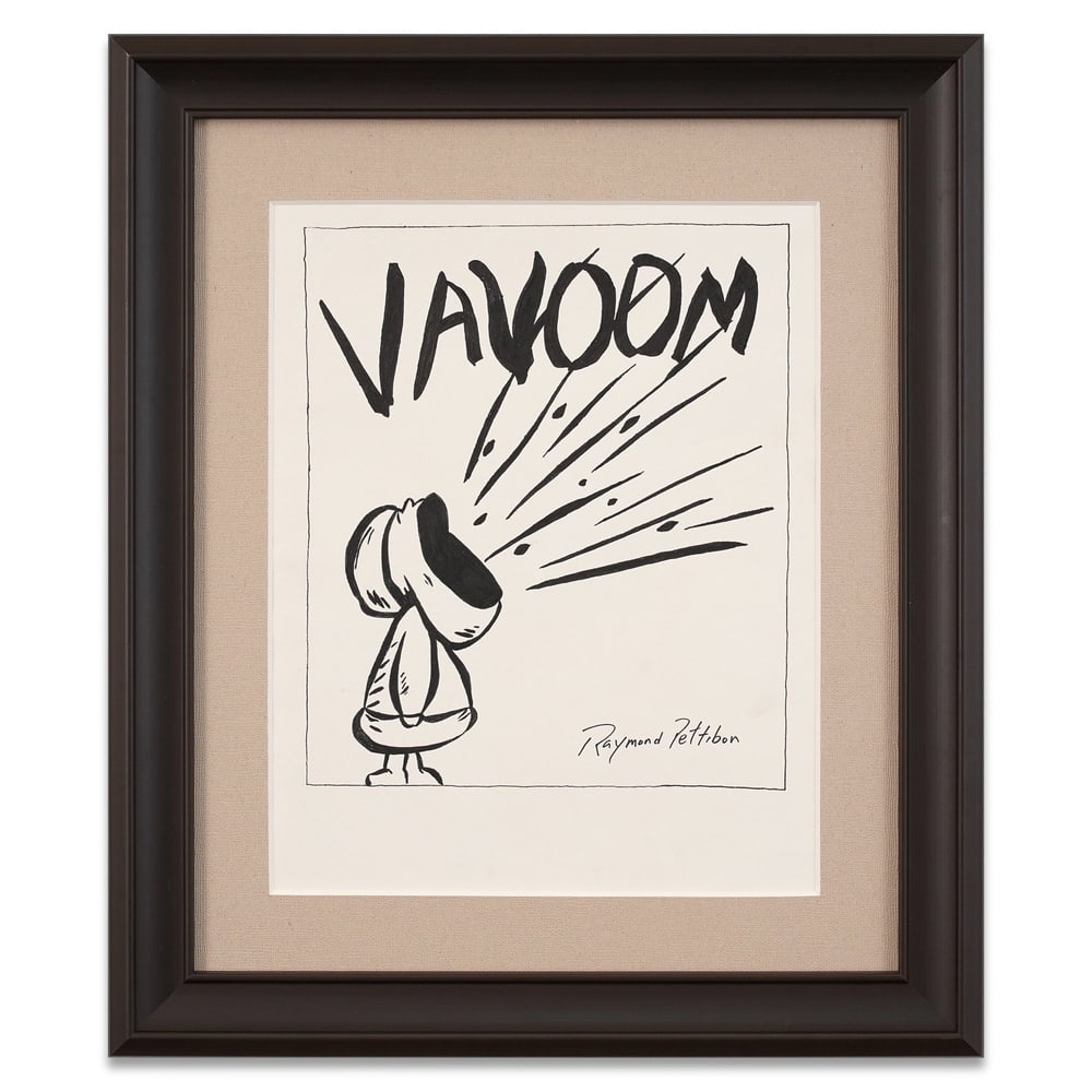 RAYMOND PETTIBON SIGNED "VAVOOM" DRAWING: Image Dimensions: 15 3/8 x 12 in (39 x 30.4 cm) Framed Dimensions: 22 7/8 x 19 1/2 in (58 x 49.4 cm) Provenance and Authentication: According to the Letter of Authenticity (LOA) and Certificate of Aut