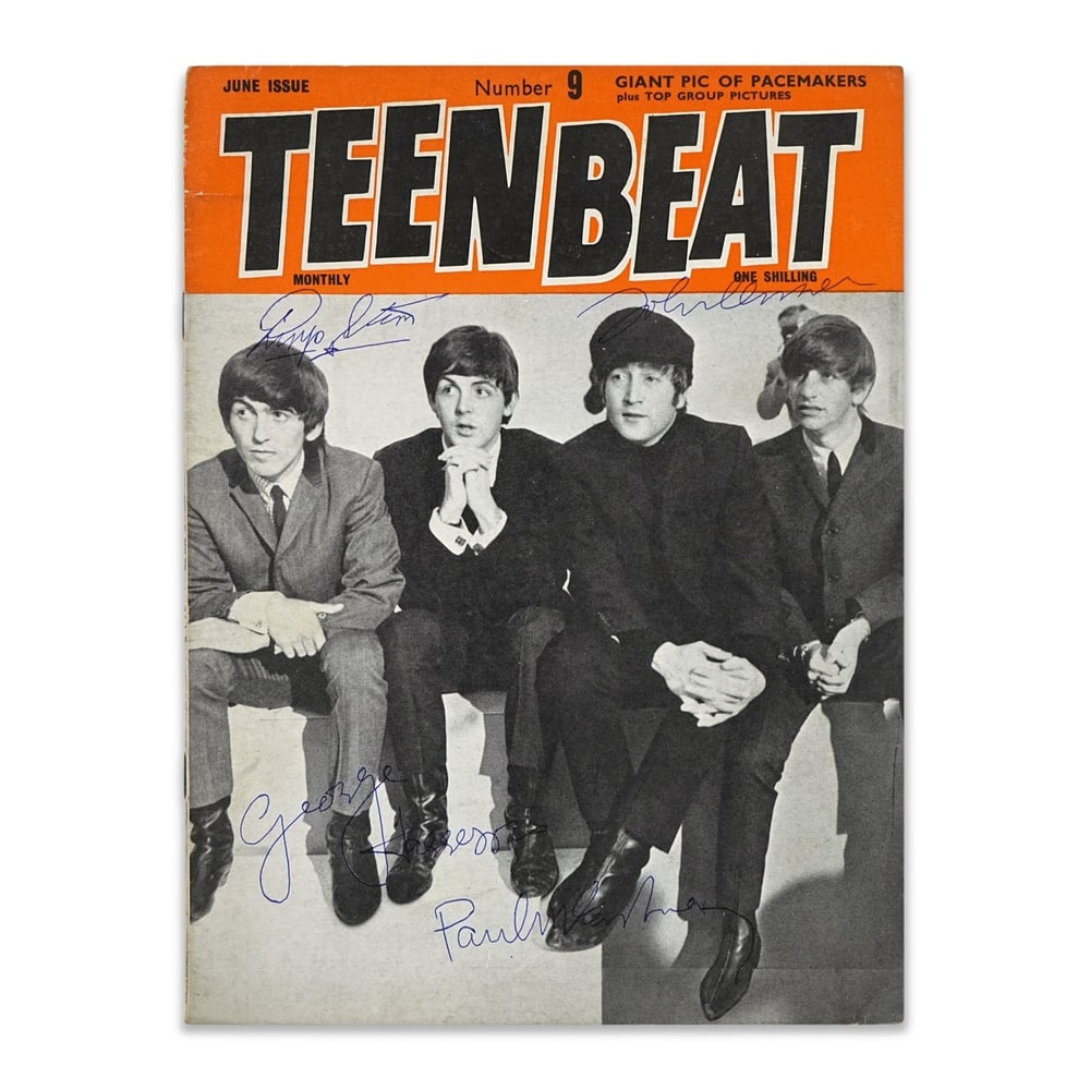 THE BEATLES FULLY SIGNED "TEEN BEAT" MAGAZINE: 9 5/8 x 7 1/4 in (24.3 x 18.4 cm) Provenance and Authentication: According to the accompanying documentation provided by the consignor, the signatures have been examined with reference to multiple