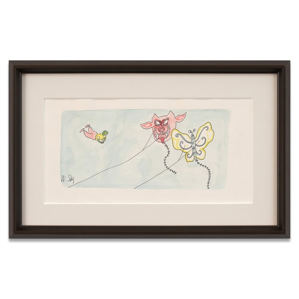 WILLIAM STEIG SIGNED KITE DRAWING: Image Dimensions: 7 5/8 x 15 1/2 in (19.3 x 39.5 cm) Framed Dimensions: 13 3/8 x 21 1/4 in (34 x 54 cm) Provenance and Authentication: According to the Letter of Authenticity (LOA) and Certificate of