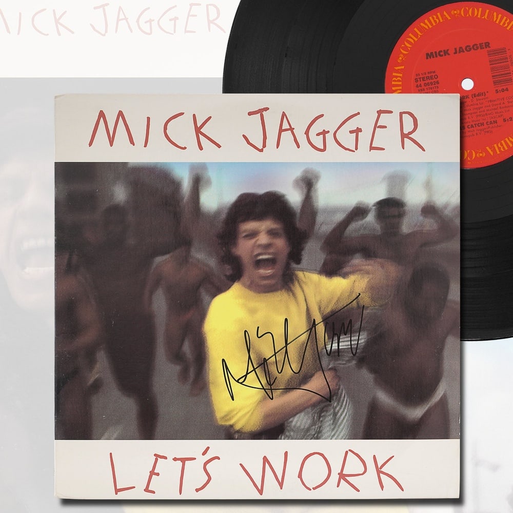 MICK JAGGER SIGNED "LET'S WORK" LP: 12 3/8 x 12 3/8 in (31.5 x 31.5 cm) Provenance and Authentication: According to the Letter of Authenticity (LOA) and Certificate of Authenticity (COA) provided by the consignor, this collectible was