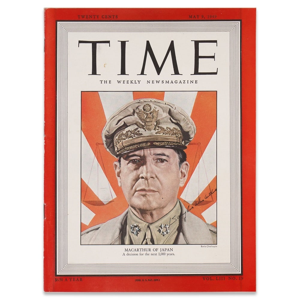 DOUGLAS MACARTHUR SIGNED "TIME" MAGAZINE: 11 1/4 x 8 1/4 in (28.4 x 21 cm) Provenance and Authentication: According to the Letter of Authenticity (LOA) and Certificate of Authenticity (COA) provided by the consignor, this collectible was