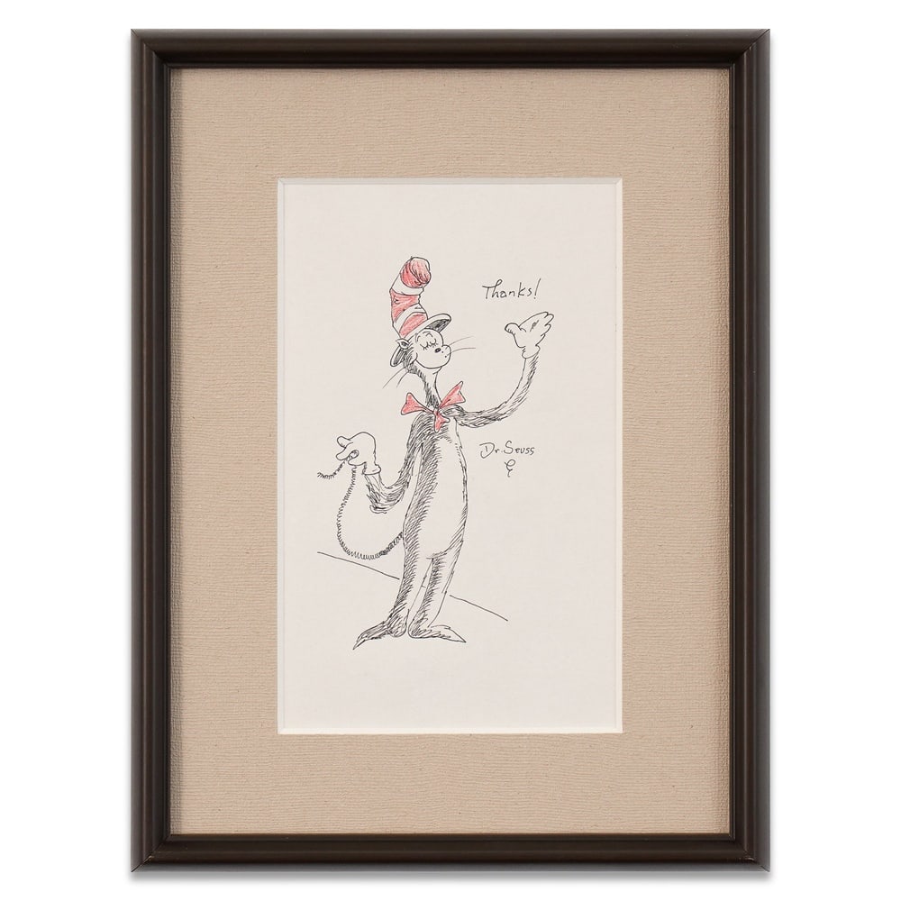 DR. SEUSS SIGNED "THE CAT IN THE HAT" DRAWING: Image Dimensions: 9 x 5 1/2 in (23 x 14 cm) Framed Dimensions: 14 3/8 x 11 in (36.6 x 27.8 cm) Provenance and Authentication: According to the Letter of Authenticity (LOA) and Certificate of Authentic