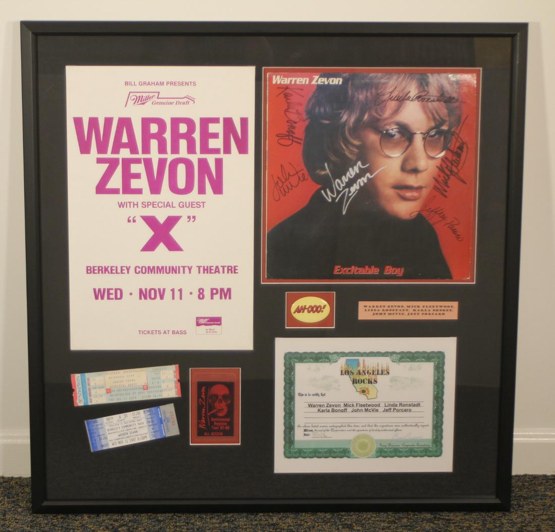 Autographed Warren Zevon Excitable Boy Album: Includes handbill and tickets, FruVue Conservation glass Frame Size: 30"h x 29.5"w