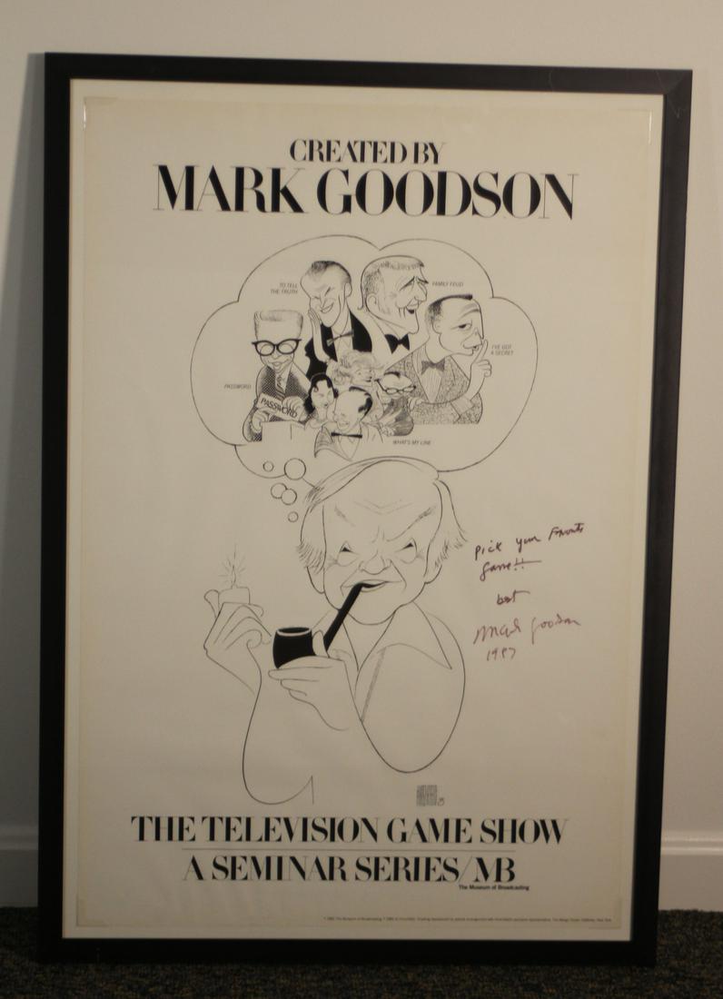 Hirschfeld "The Television Game Show" Poster: Poster for the Museum of Broadcasting seminar series "The Television Game Show", created by Mark Goodson, also signed by Mark Goodson, includes letter from Goodson Todman Productions West, discoloring