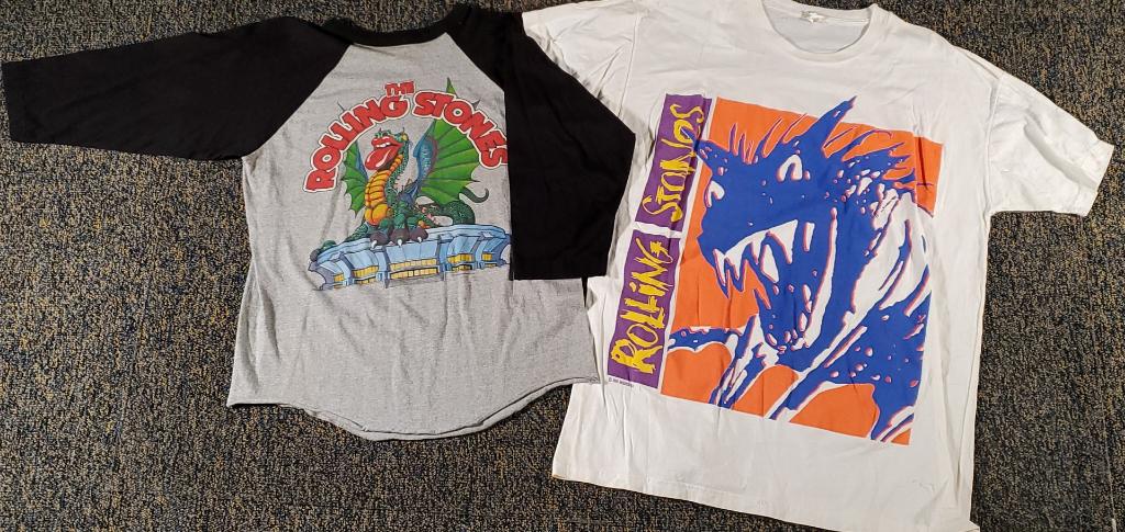 '81 & '90 Rolling Stones T-Shirts: 1981 Philadelphia JFK Stadium, size unknown, 1990 Europe Urban Jungle tour, white 'one size fits all'