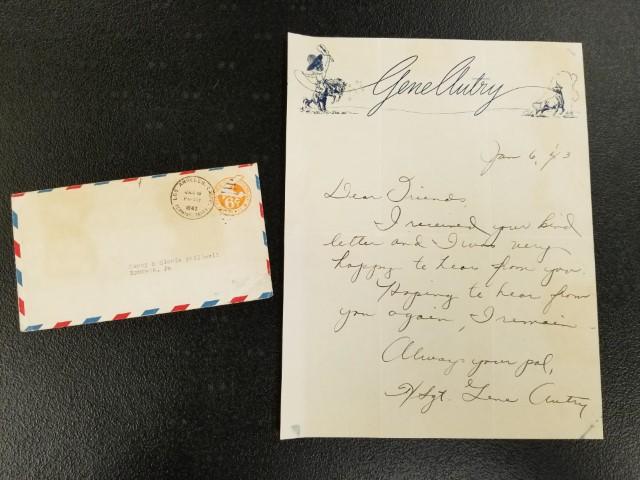 Gene Autry Technical Sgt Signed Letter: Letter is from 1943 and is 11" x 8.5", letter is responding in appreciation to Mr. Stillwell's letter