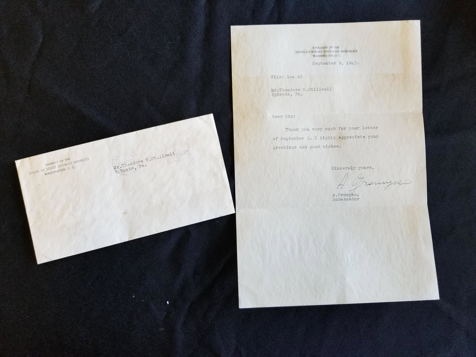 Union of Soviet Socialist Republics Embassy Letter: Signature Andrew Gromyko on letter with envelope, includes JSA basic certificate, letter is from 1943, written on Embassy Of The U.S.S.R Letterhead, letter is 10.5" x 7.25", letter is showing gratitud
