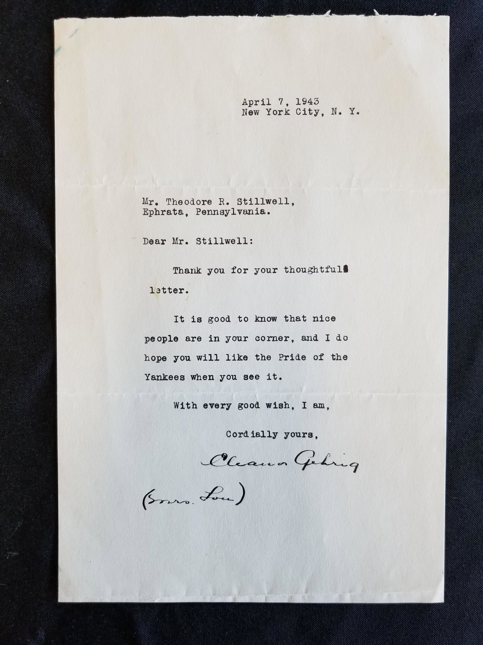 Signed Letter - Mrs. Eleanor Gehrig (Lou Gehrig): 1943 letter is 7" x 10", includes JSA letter of authenticity