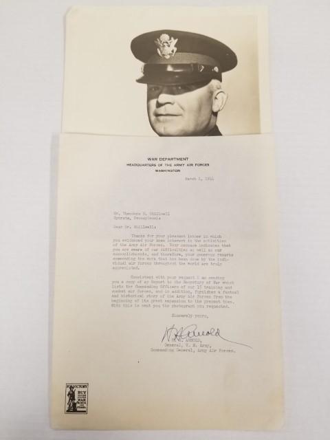 Signed Letter and Photo of Gen. H. H. Arnold: 1944 letter is 8" x 10.5" and has "War Department, Headquarters Of The Army Air Forces" letterhead, the letter talks of the difficulties and accomplishments of the Army Air Forces in the war, that he 