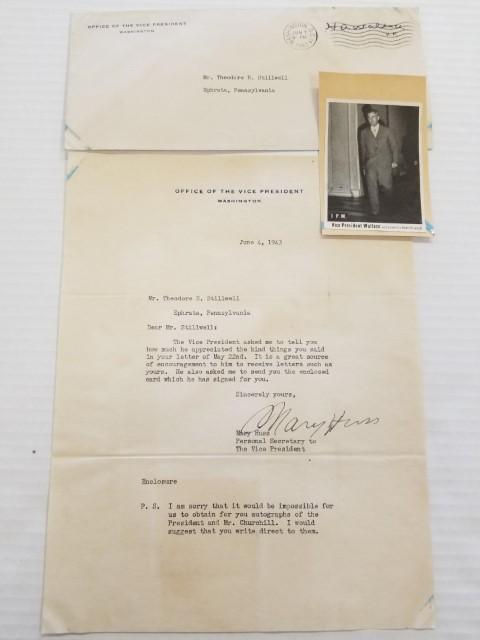 1943 Letter from Vice President Henry A. Wallace: Letter is signed by Personal Secretary Mary Huss, letter is 8" x 10", includes original envelope