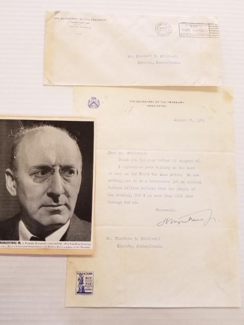 Signed 1943 Letter - Treasury Sec. Morganthau Jr.: Sec. Henry Morganthau Jr. letter is 8" x 10.5", includes original envelope
