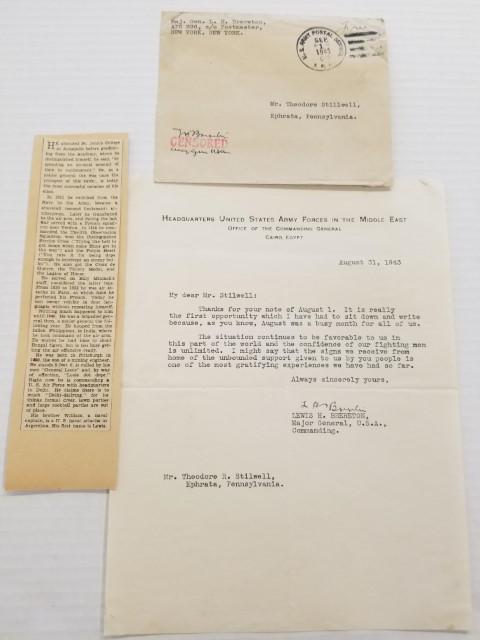1943 Letter from Maj. Gen. Lewis H. Brereton: Letter is 10.5" x 8", includes original envelope