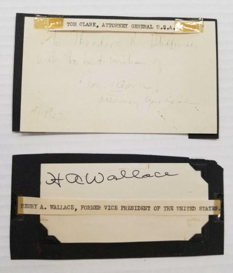 Vice President Henry A. Wallace Autograph and More: Also includes autographed 3" x 5" card by former Attorney General Tom Clark