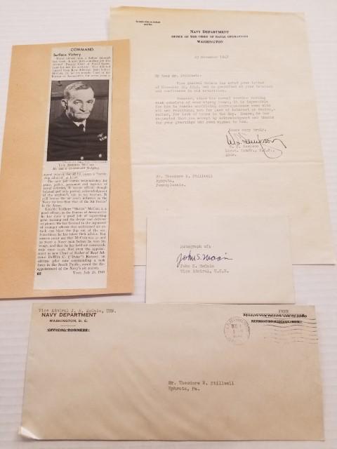 Autographed Card of Vice Admiral John S. McCain: Includes 10.5" x 8" correspondence letter from 1943 with original envelope
