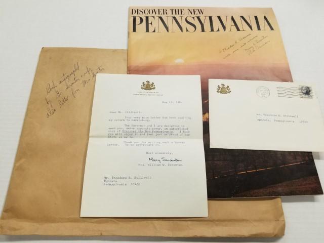 Autographs of 1960's PA Gov. Scranton and Wife: PA advisement signed by Bill and Mary is 13.5" x 10.5" and has original envelope, also includes signed letter from Mary with original envelope