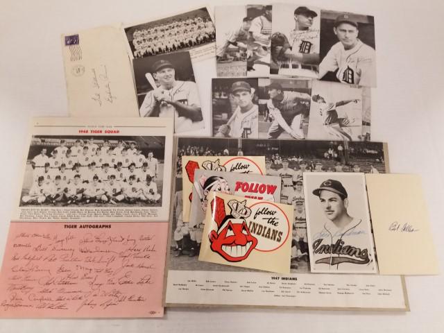 3 American League Autographs and More: Autographs include Indians Bob Feller and Lou Boudreau, and Tiger's George Kell on 3.5" x 5.5" postcard, includes postcards with printed autographs, team images, and more