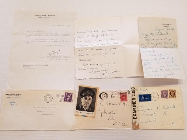 Signed Mary Churchill Letter and More: 1943 handwritten and signed letter from Mary Churchill is 7" x 4" and includes original envelope, also includes handwritten letter from Sir Alan Brooke and signed letter from French Vice Admiral R. Fe