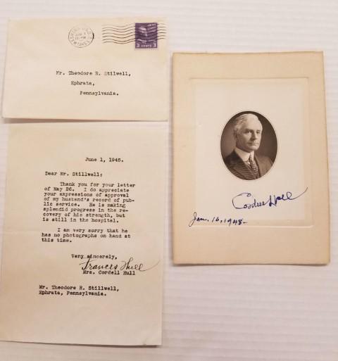 Autographed Photo of Cordell Hull and More: 1945 Nobel Peace Prize winner and former Secretary of State's printed photo is 5" x 7", includes signed letter from Francis Hull (wife of Cordell) with original envelope
