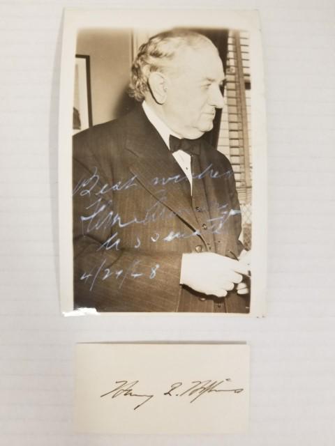 Autographed Photo of Sen. Tom Connally and More: Photo of Senator Thomas Connally is 5.5" x 3.5", includes autograph of former Secretary Of Commerce Harry L. Hopkins on piece of paper (3" x 1.5")