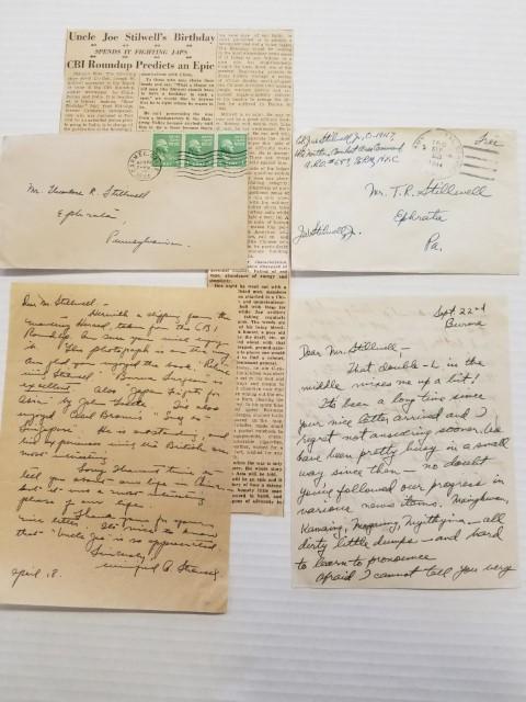 Handwritten Letters by Gen. Stilwell's Wife & Son: 1944 letter from Winifred Stillwell is 7.5" x 5.5", 1944 letter from Col. J.W. Stilwell is 7" x 5"