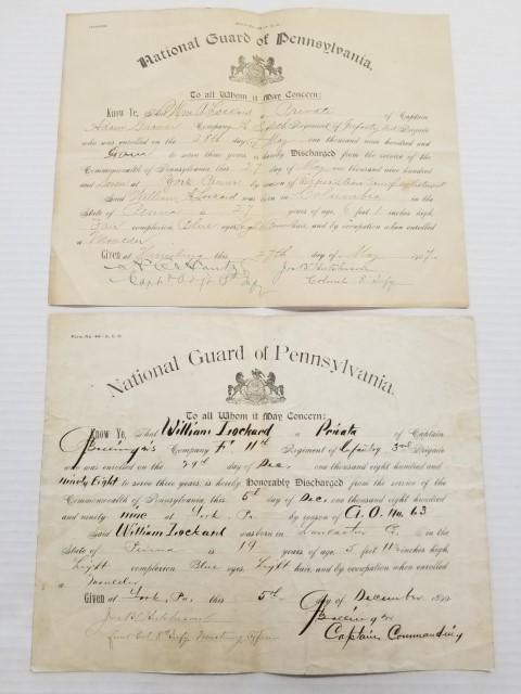 2 Antique National Guard of PA Discharge Papers: Papers are 11.5" x 9"