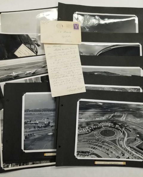 Handwritten Letter from Douglas Corrigan and More: Corrigan letter is 8" x 5" and includes original envelope, also includes 1940's 10" x 8" photos of Washington National airport and LaGuardia airport