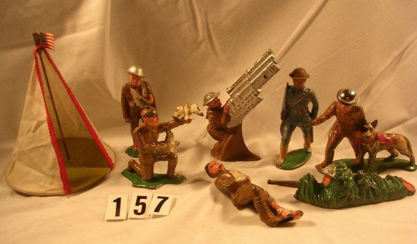 American Dimestore Lot Barclay Manoil: (8) Pieces. Barclay and Manoil Soldiers, Plus (1) Tent. Includes Pigeon Dispatcher and Scarce Man with Dog.