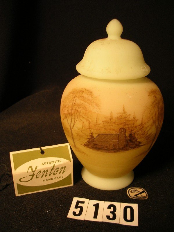 Hand-Painted Fenton Ginger Jar V. Hendricks: Fenton frosted custard glass ginger jar. Hand-painted log cabin landscape scene on exterior. Underside with original paper label and hand-written "Hand Painted by V. Hendricks". 6-1/2" high to top of
