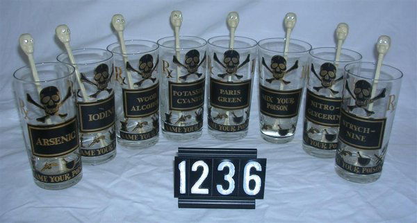 Set (8) Name Your Poison Glasses/Stirrers: Set of (8) Name Your Poison glasses with skull stirrers. C.1950's.