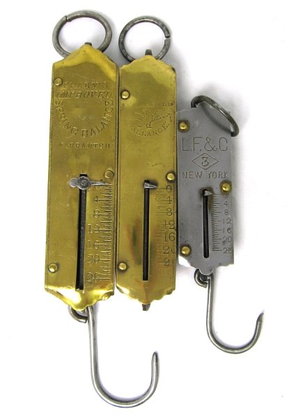 3 Early 25lb Hanging Spring Scales LF&C Frary