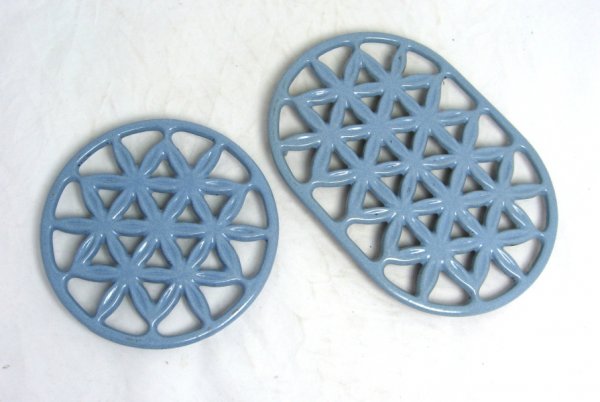 2 Vintage Blue Enameled Cast Iron Trivets
