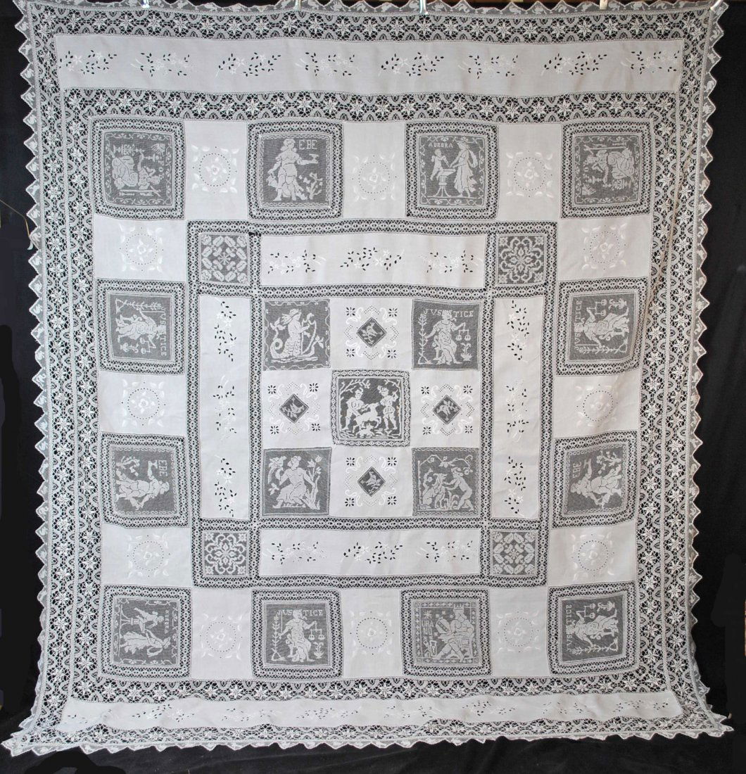 ITALIAN MYTHOLOGICAL LACE TABLE CLOTH FIGURAL LACE: ANTIQUE LACE TABLE CLOTH FIGURAL LACE, ITALIAN MYTHOLOGICAL FILET INSERTS WITH HAND EMBROIDERY, FINE LINEN Superb turn of the century 1900's antique white figural Italian lace table cloth. This antiqu