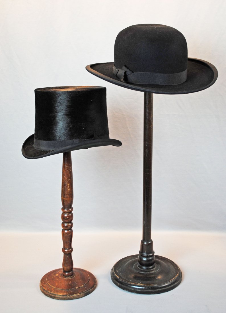 1880s LADIES BLACK RIDING TOP HATS, LOT OF 2: 1880s LADIES BLACK RIDING TOP HATS, LOT OF 2 Two Ladies riding top hats dating from the 1880 Â– 1900s period and both in good antique condition. Hat on left is constructed of black silk plush on a 