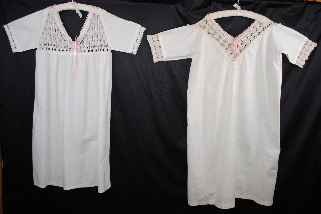 1900s CROCHET LACE YOKE NIGHT SHIRTS LOT OF 2: CROCHET LACE YOKE NIGHT SHIRTS LOT OF 2, EDWARDIAN LINGERIE COTTON SLEEPWEAR LEFT TO RIGHT THE FIRST This crochet lace bodice are skillfully hand crochet. Short sleeves adorned with crochet edging tri
