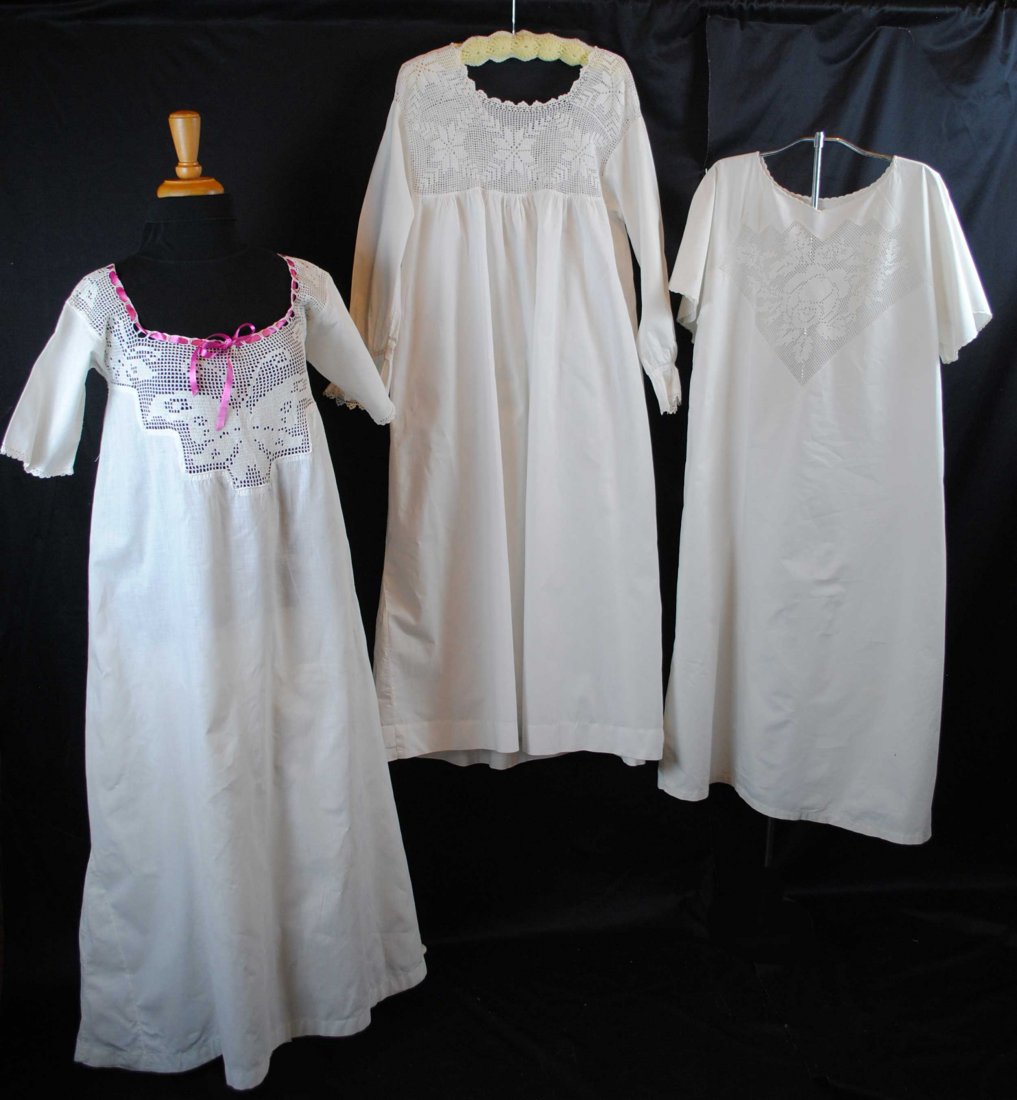 1900s CROCHET LACE YOKE NIGHT SHIRTS LOT OF 3: 1900s CROCHET LACE YOKE NIGHT SHIRTS LOT OF 3, EDWARDIAN LINGERIE COTTON SLEEPWEAR LEFT TO RIGHT THE FIRST This crochet lace bodice is skillfully hand crochet with butterflies on the front and back. S