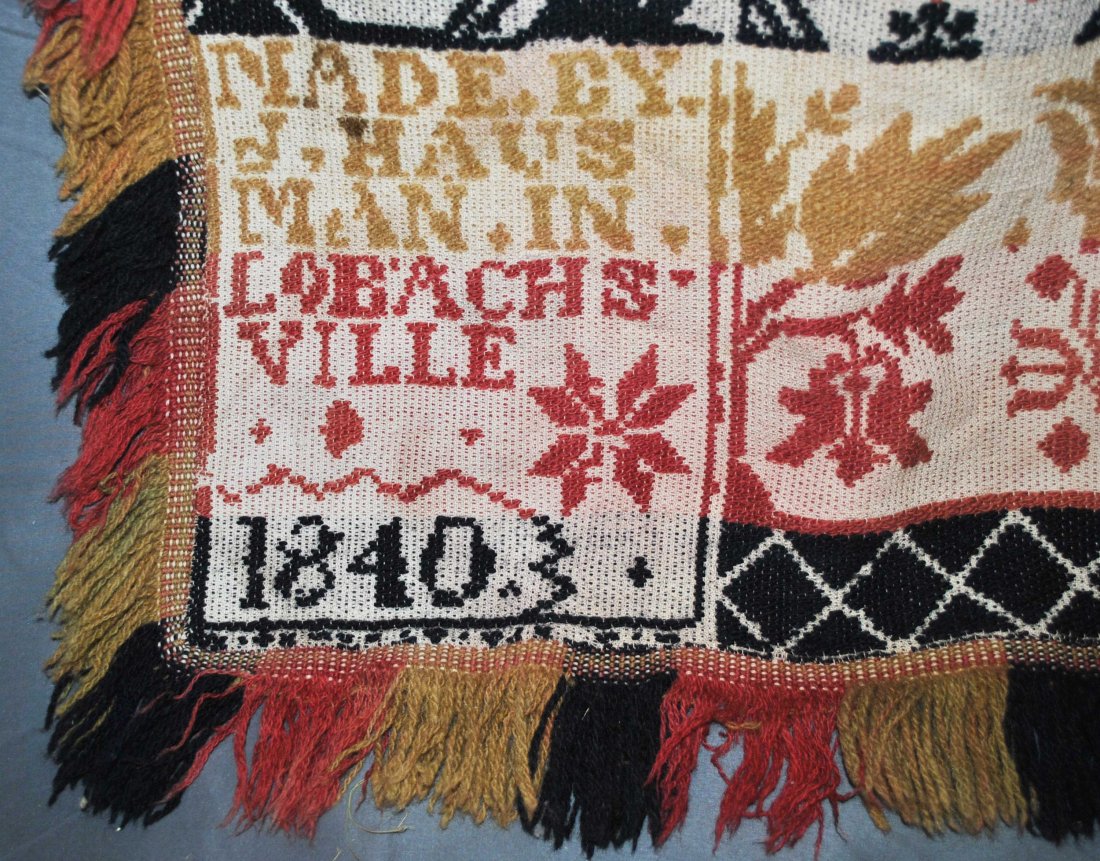 JACQUARD WOVEN COVERLET, SIGNED AND DATED 1840: JACQUARD WOVEN COVERLET, SIGNED AND DATED 1840, MADE E.Y J. HAUS . MAN IN. LOBACHSVILLE, FOR DEISCHER STIYZEL Multi colored coverlet in red, white, mustard, brown and indigo blue. No center seam. PROV