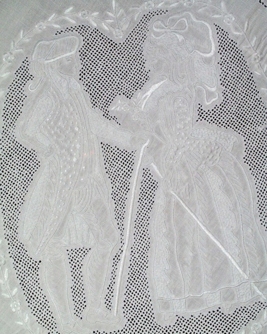 FIGURAL APPENZEL LINEN TABLE CLOTH, 1900s: FIGURAL APPENZEL LINEN TABLE CLOTH, 1900s - PUNCHWORK WITH EMBROIDERY An exquisite linen Appenzel table cloth dates from the turn of the century. This Appenzel table linen is probably European origin