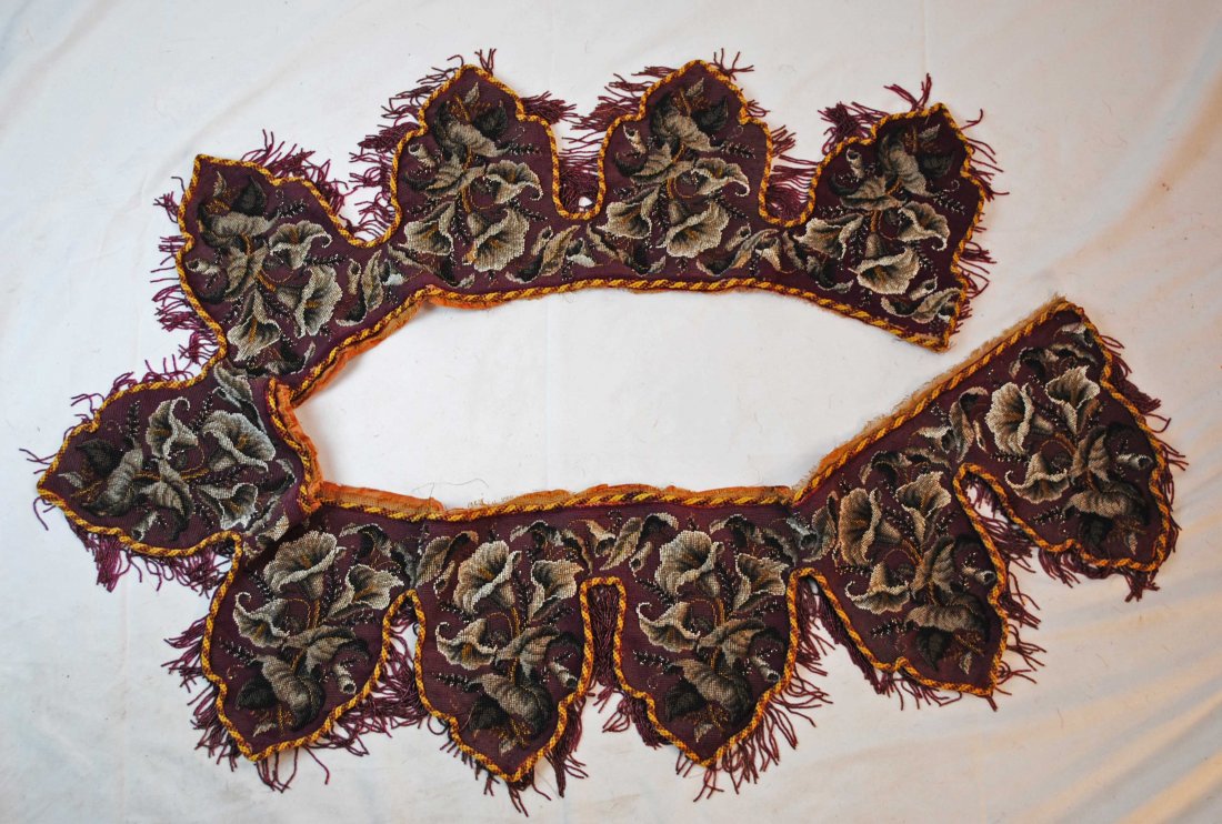 VICTORIAN BEADWORK NEEDLEPOINT MANTEL PANEL, 1860s: VICTORIAN BEADWORK NEEDLEPOINT MANTEL PANEL, BEADED NEEDLEPOINT SEED BEADS CURTAIN VALANCE PANEL, CIRCA 1860 A lovely Victorian beaded needlepoint scalloped fringed panel for accenting a long shelf ma