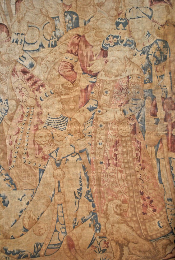 PAINTED TAPESTRY PANEL MEDIEVAL SOLDIERS, 19TH C.: 19th CENTURY PAINTED TAPESTRY PANEL EUROPEAN MEDIEVAL ARMORED SOLDIERS, HAND WOVEN WALL HANGING PANEL This authentic, antique hand woven 19th century painted tapestry depicts several Medieval Soldiers