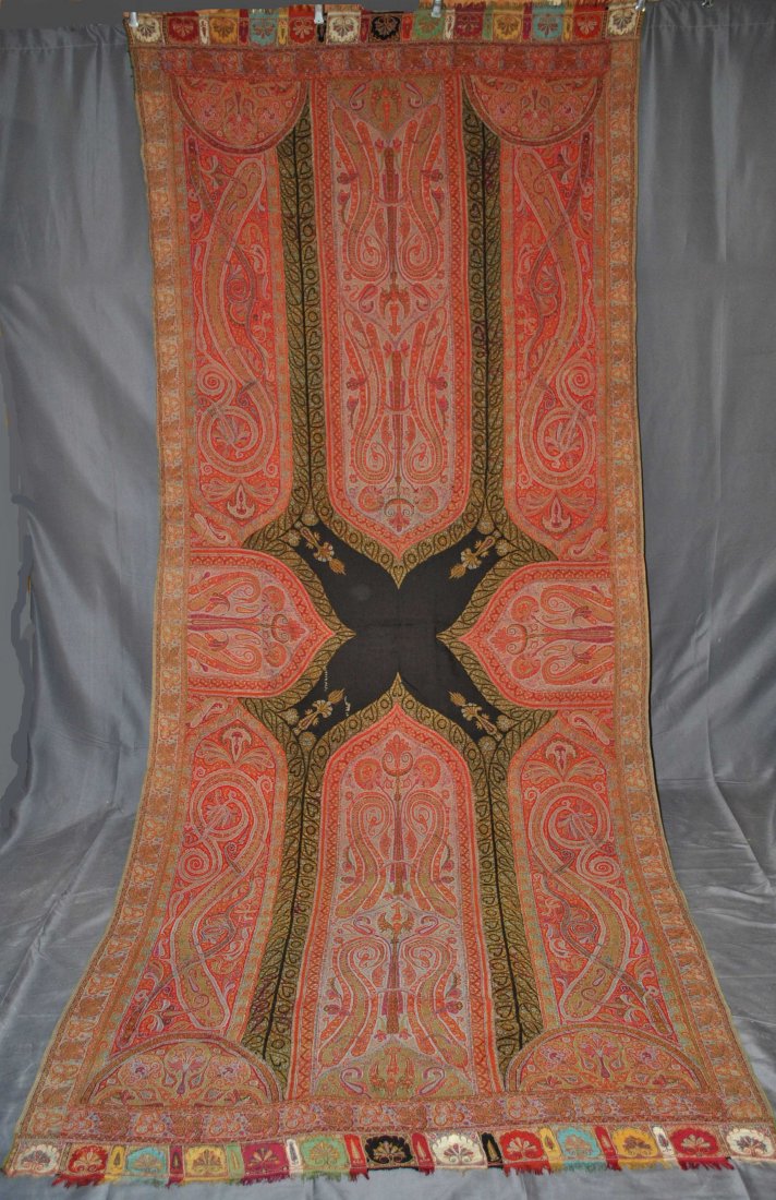 1850s PAISLEY SHAWL FINE KASHMIR EMBROIDERY, 135" LONG: 1850's PAISLEY SHAWL FINE KASHMIR HAND DONE EMBROIDERY, 135" x 54-1/2" A fancy long Kashmir fine wool antique paisley shawl dating to the early-19thc., with complex extravagant design elements and a b