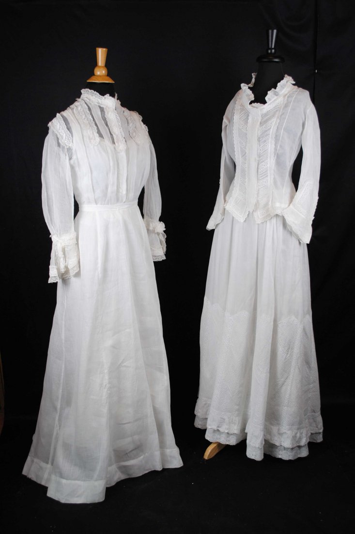 1910 FANCY TEA SUMMER GARDEN DAY GOWNS, L0T OF 2: 1910 FANCY TEA SUMMER GARDEN DAY GOWNS, L0T OF 2 Presenting two Edwardian snow white light weight sheer lawn cotton tea gowns garden summer dress dating to the early 1900's - 1910. Both having two pie