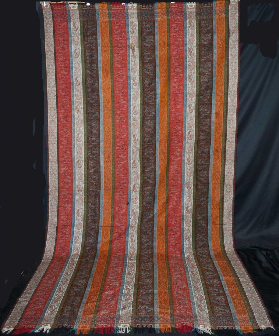 1870 PAISLEY SHAWL ROMAN STRIPE TIGHT WOVEN WOOL WEAVE: ANTIQUE PAISLEY SHAWL 1870 ROMAN STRIPE WOVEN WEAVE TIGHT WOOL 125" x 66" This large wool paisley shawl was made in Scotland around 1870 and is known as a Roman Stripe design. It has a remarkably wond