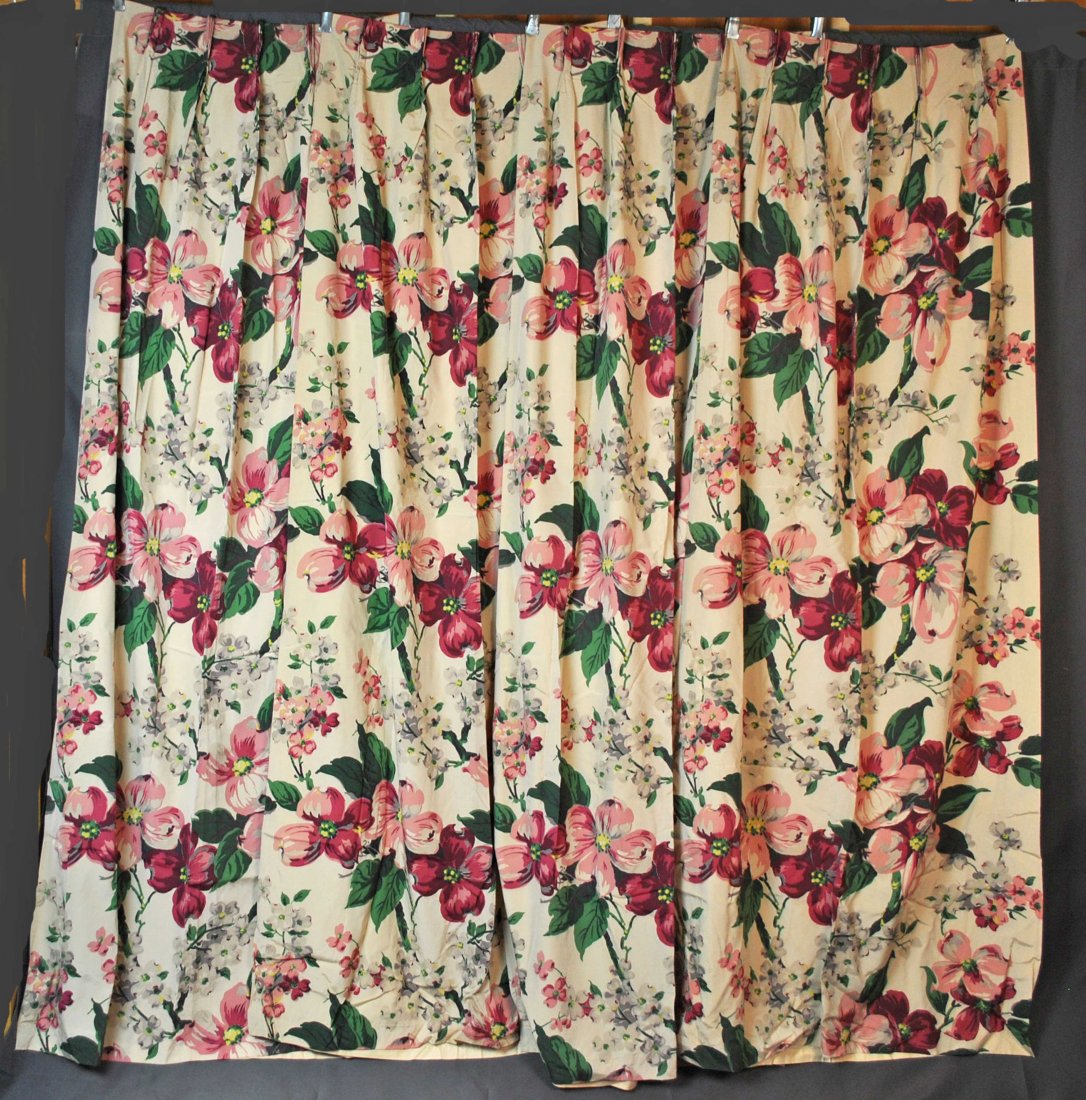 6 FLORAL CURTAIN PANEL DRAPES, 1940s: 6 FLORAL CURTAIN PANEL DRAPES, 1940s Vintage set of 6 matching panels with apple blossoms & branches motif throughout, dating from the 1940s. All are fully lined and backed in a off white cotton linin