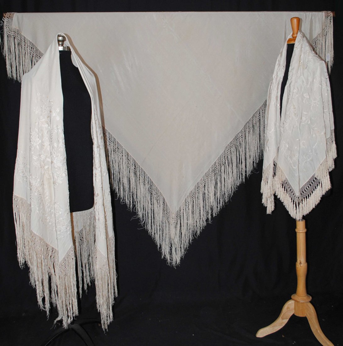 THREE EMBROIDERED WHITE ON WHITE CANTON SHAWLS, 1920s (1 of 20)