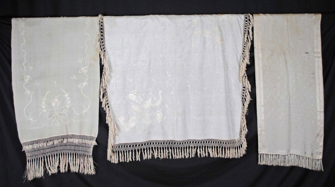EDWARDIAN HAND EMBROIDERED CHINESE CANTON SHAWL AND SCARFS, LOT OF 3 (1 of 17)