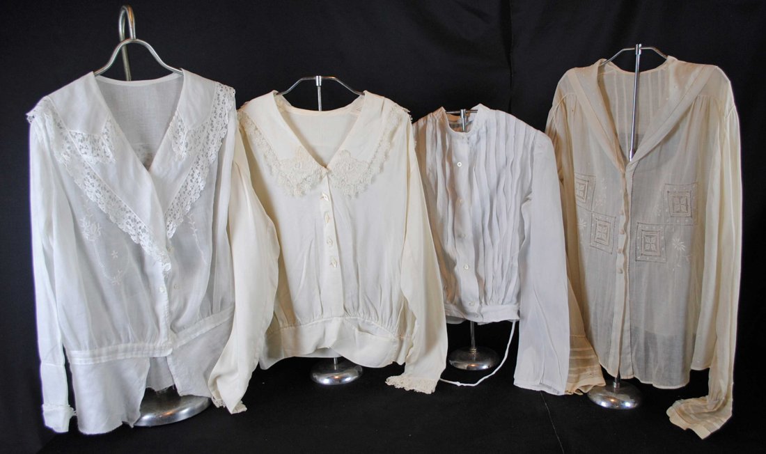 EDWARDIAN FOUR WHITE COTTON AND CREPE WOMENS BLOUSES, 1890 to 1910s (1 of 17)