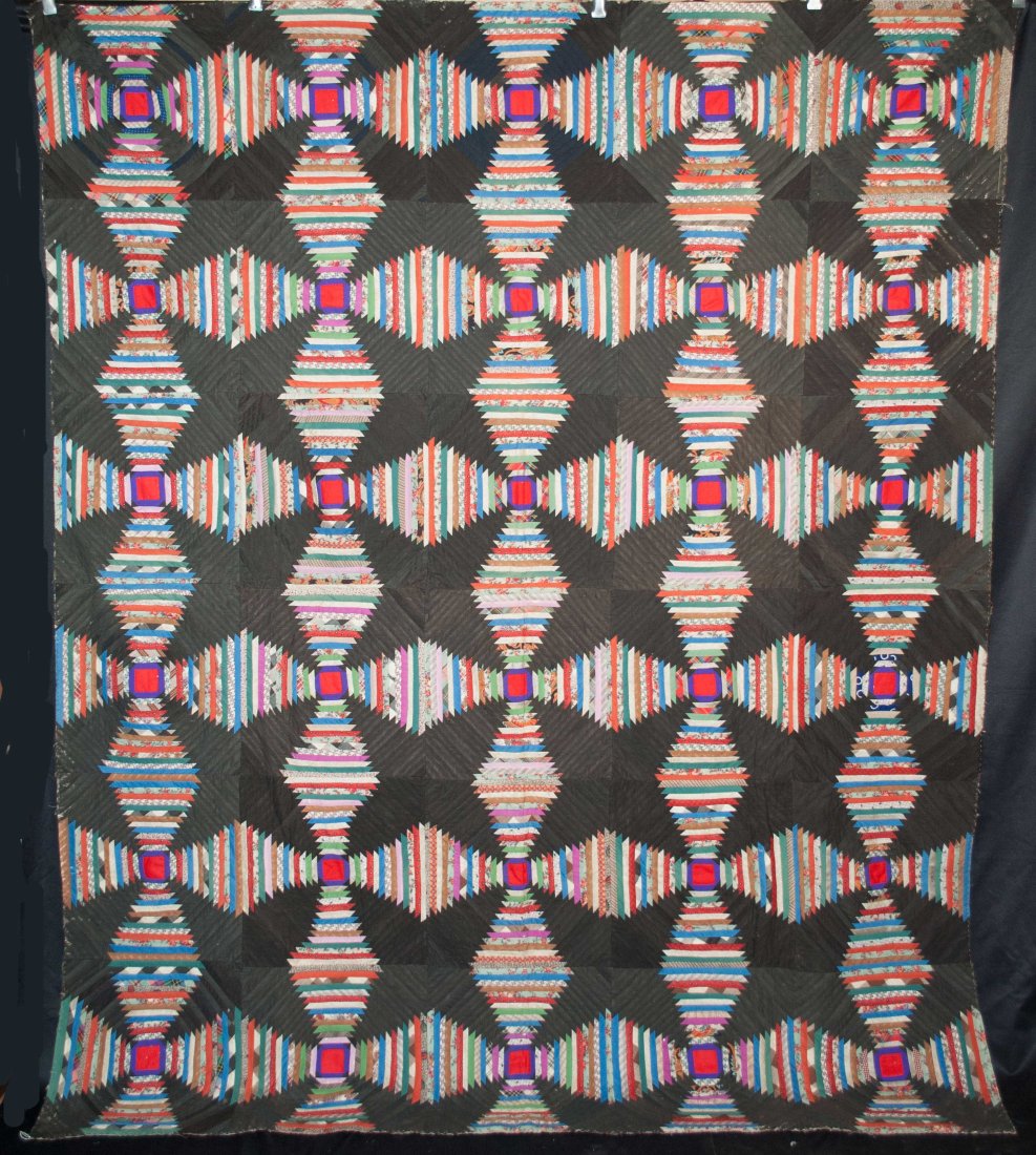 VICTORIAN LOG CABIN QUILT, PINEAPPLE WINDMILL BLADES, HAND STITCHED, 1860s (1 of 12)