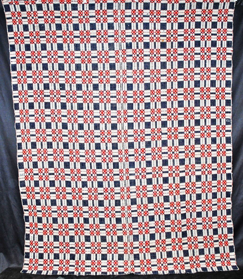 INDIGO BLUE, RED & WHITE OVERSHOT JACQUARD WOVEN COVERLET CENTER SEAM, 1850 (1 of 10)