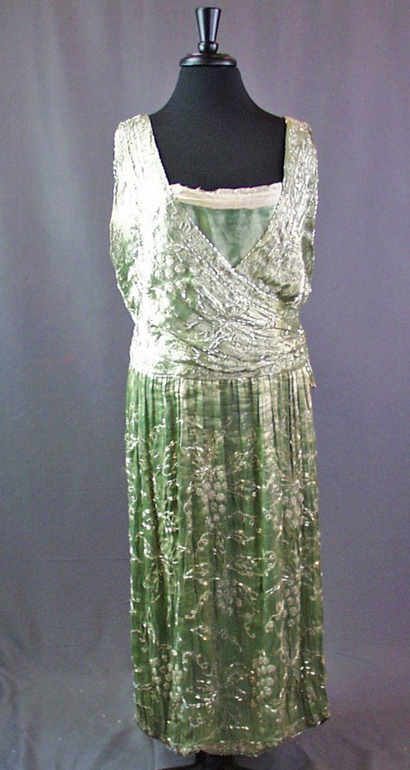 EDWARDIAN BEADED EVENING GOWN 1912 FORMAL GREEN LAME FABRIC, MUSEUM DEACCESSION (1 of 13)